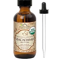 US Organic Macadamia Nut Oil Unrefined Virgin, USDA Certified Organic, Pure & Natural, Cold Pressed, Sourced in Kenya, in Amber Glass Bottle w/Glass Eye dropper for Easy Application (2 oz (Small))