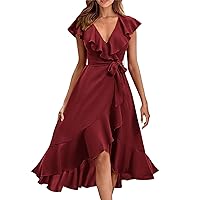 Women Summer Dresses 2024 V-Neck Short Sleeved Ruffled Solid High-Low Hemline Irregularly Edge Elegant Maxi Sundress