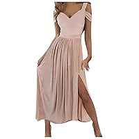 Summer Sexy V Neck Split Prom Dress for Women Cold Shoulder Wrap Waist Pleated A Line Cocktail Corset Dress