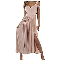 Cold Shoulder Sleeve Dress Ladies A-Line Office Summer Lounge Side Slit Loose Stretch Polyester Neckline