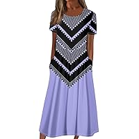 Homecoming Dresses Women's Summer Casual Printed Short Sleeve Round Neck Long Dress Beach Sundress with Pockets Light Purple