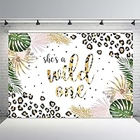 MEHOFOND 8x6ft She is a Wild One Leopard Photo Backdrop Banner for Girls 1st Birthday Jungle Safari Rainforest Palm Leaves Photography Background Bday Party Decor Photoshoot Studio Props