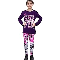 Girls Top Kids Love Print Contrast T Shirt Tops & Splash Legging - Selfie Splash Set Purple L.S_9-10