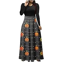 Maxi Dresses for Women Halloween Spooky Horror Season Dress Long Sleeve Crew Neck Vintage Party Prom Long Dress