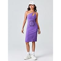 Women's Dresses Women's Letter Graphic One Shoulder Split Hem Dress Dress for Women (Color : Violet Purple, Size : X-Small)