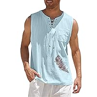 Loose Fit Cotton Linen Bohemian Tank Tops for Mens Summer Beach Fuunny Sleeveless Lace Up Hippie Cutt Off Tshirts