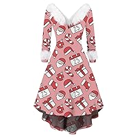 Christmas Dresses for Women Trendy Plush V Neck Xmas Printed High and Low Big Swing Cocktail Dresses Basic Prom Dress