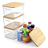AREYZIN Refrigerator Organizer Bins Storage Bins with Lids 4 Pack Clear Plastic Storage Bins with Bamboo Lids, Small Storage Containers for Organization and Storage, 6.8 Quart