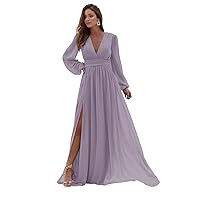 Women's Long Sleeve Bridesmaid Dresses with Slit Long Pleated Formal Evening Party Gown