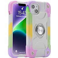 MARKILL Compatible with iPhone 14 Plus Case 6.7 Inch with Rotate Ring Stand, Military Grade Drop Protection Full Body Rugged Heavy Duty Protective Cover for iPhone 14 Plus. (Rainbow White)