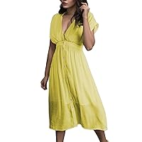One Shoulder Prom Dress,Women's Summer Dress Temperament Double Solid Color Single Button Deep V Neck Short EAS