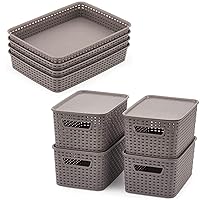 EZOWare Set of 8 Gray Plastic Woven Knit Baskets, Storage Organizer Bins Boxes Tray For Office, Classroom, Desktop, Drawer and More