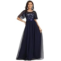 Ever-Pretty Women's Formal Dresses Crew Neck Sequin Ruffle Sleeve Empire Waist Beaded Long Evening Dresses 00904