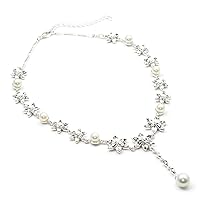 Silver Crystal Rhinestone 6 Leaf Flower and White Pearl Dangle Strands Necklace