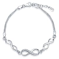 Women's Classic Infinity Symbol Charm Bracelet 925 Sterling Silver Cubic Zirconia Hand Link Chain,Adjustable, Silver