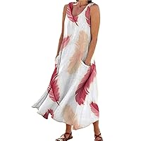 Dresses for Women 2024 Casual Summer Trendy Linen Sleeveless Long Tank Sundresses Floral Print Beach Dress with Pockets