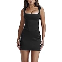 Womens Square Neck Bodice Casual Flare Mini Sleeveless Sexy Tank Top Stretch One Piece Short Dress