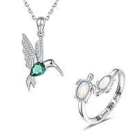 925-Sterling-Silver Opal Sea Turtle Earrings and Hummingbird Pendant Necklace Jewellery Set