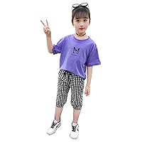 Girls Butterfly Printed Pullover Activewear Sportsuit Printed Shirt Top + Checkered Cropped Trousers