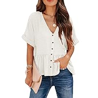 EVALESS Casual V Neck Peplum Tops for Women Short Sleeve Ruffle Hem Striped Shirts Loose Babydoll Tops with Button Decoration