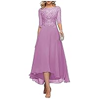 Tea Length Mother of The Bride Dresses for Wedding Lace Chiffon Formal Evening Party Gown with Sleeves