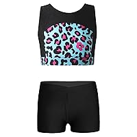 Girls Gymnastics Outfits Dance Sports Set Crop Top Shorts Leopard Printed Jogging Suit Activewear