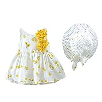Infant Toddler Girls Ruched Sling Dress Cherry Printed Flower Princess Dress with Hat