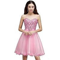 Women's Sweetheart Sleeveless Tulle Short Homecoming Dress Beaded A Line Cocktail Party Gowns Pink
