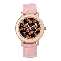 Orange Monarch Butterfly Women's Watches Classic Quartz Watch with Leather Strap Easy to Read Wrist Watch