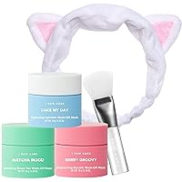 I DEW CARE Mini Scoops Wash Off Face Mask Skin Care Trio + White Cat Spa and Makeup Headband + Soft Silicone Face Mask Brush Bundle