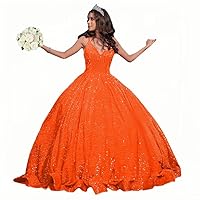 Sparkly Sequin Quincenera Dresses Glitter V Neck Ball Gown Sleeveless Puffy Dress Sweet 16 Dresses for Women