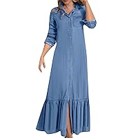 YMING Women Autumn V-Neck Button Down Denim Dress Long Sleeve Simple Soild Color Dress Elegant Ruffle Hems Swing Long Dress