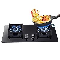 Dual Burner Gas Stovetop, Black Tempered Glass Gas Stovetop, Gas Hob for Home Kitchen RVs Apartments Outdoor, Easy to Clean