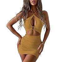 SHESEEWORLD Women's Sexy Club Sleeveless Halter Neck Ruched Bodycon Mini Party Dress Clubwear