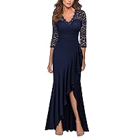 MISSMAY Women's Classy V-Neck Ruffle Split Formal Evening Prom Maxi Dress