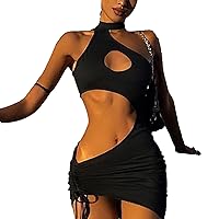 Women's Cut Out Crisscross Halter Bodycon Wrap Sexy Ruched Tank Midi Dress Drawstring Party Sleeveless Backless Clubwear