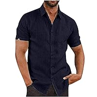 Mens Cotton Linen Shirt Casual Short Sleeve Button Down Shirts Loose Lightweight Collared Dress Shirts Summer Hawaiian Tops