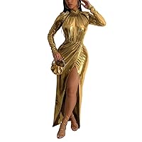 Women's Shiny Metallic Maxi Dress Fashion Turtleneck Long Sleeve High Waist Bodycon High Split Hem Nightclub Dresses