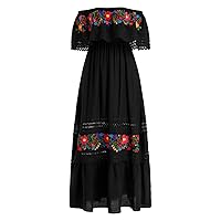 Women Mexican Dress Off Shoulder Floral Embroidered Long Maxi Dress Summer Beach Party Cinco de Mayo Dresses