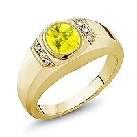 Gem Stone King 1.62 Ct Canary Mystic Topaz White Created Sapphire 18K Yellow Gold Plated Silver Men's Ring