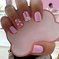 24Pcs Easter Press on Nails Short Square Fake Nails, Pink White Love Bunny Design Acrylic Glue on Nails, Glossy Purple False Nails Reusable Stick on Nails for Women DIY Manicure Art