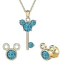 Created Round Cut Swiss Blue Topaz Gemstone 925 Sterling Silver 14K Rose Gold Over Diamond Mickey Mouse Key Stud Earring Pendant Necklace Jewelry Set for Women's & Girl's
