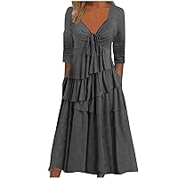 Womens Dresses V Neck Drawstring Ruched Long Sleeve Dress Elegant Casual Ruffle Tiered Layered Hide Belly Maxi Dresses