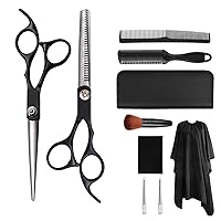 6 inch Black Hair Cutting Scissors for Men and Women 10 pcs Hair Cutting kit Hair Cutting and Thinning Shears, Stainless Steel Barber Scissors for Hair with Cape and Razor