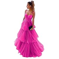 Women's Tulle Prom Dresses 2024 Long Ruffles Bow Spaghetti Straps Corset Tiered Formal Evening Party Gowns
