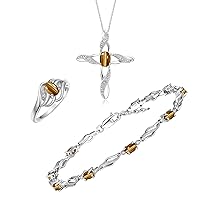 Rylos Infinity Wave Set: Sterling Silver Tennis Bracelet, Ring & Necklace. Gemstone & Diamonds, Adjustable 7