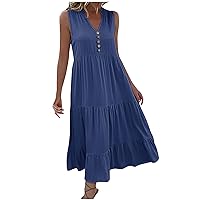 Amazon Outlets Store Open Box Deals Women Tiered Ruffle Midi Dress V Neck Tunic Dresses Casual Summer Flowy Holiday Sundress Mid-Length A Line Dresses Golf Dresses for Women Blue