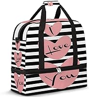 I Love U Black White Stripes Foldable Travel Duffel Bag Sports Tote Gym Bag With Shoe Compartment For Woman Man Carry On Luggage Overnight Travel Weekend Yoga Workout Bag Training Handbag
