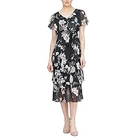 S.L. Fashions Women's Short Sleeve Floral Tiered Chiffon Dress (Missy and Petite)