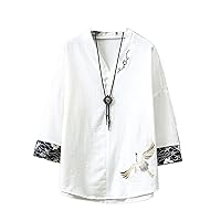 Traditional Chinese Style Embroidery Crane Hanfu Blouse Tang Suit Men Kungfu Shirts Tops T-Shirt Japanese Kimono